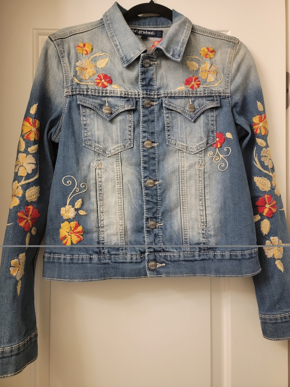DRIFTWOOD Embroidered Light Blue Denim Jacket with Red & Yellow Flowers